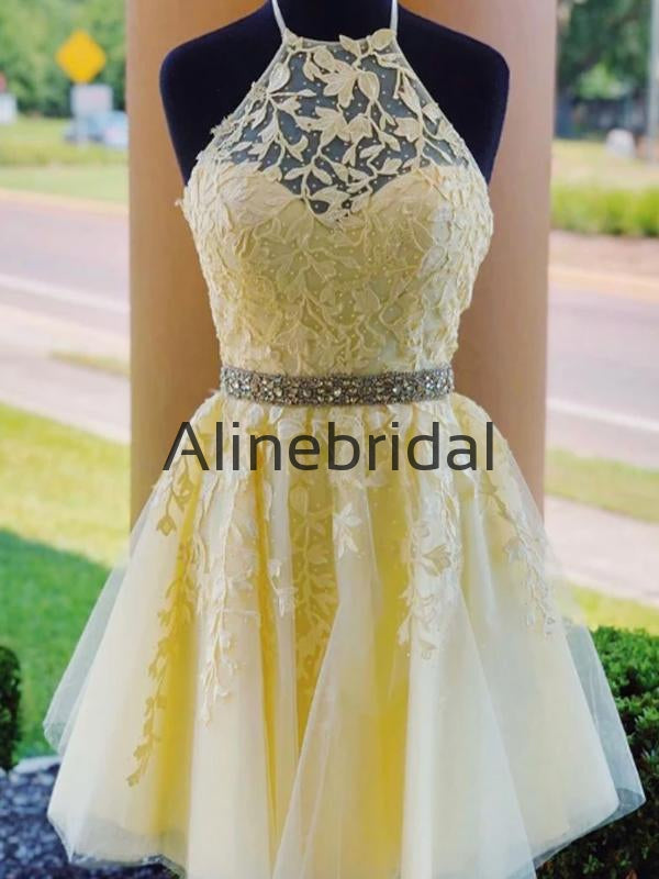 A-line Yellow Lace Popular Pretty Homecoming Dresses HD106