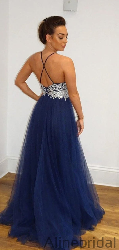A Line Navy Blue Tulle Prom Dresses Spaghetti Back Crossed Straps Prom Gown PD1038