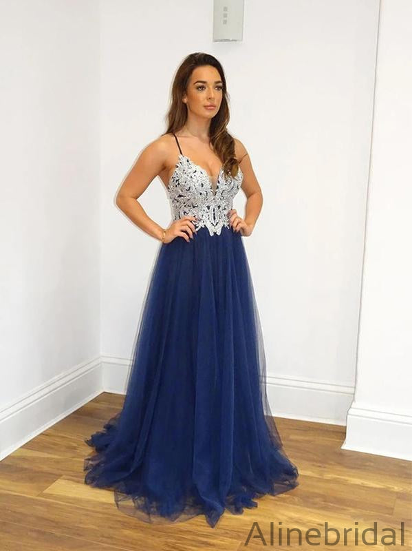 A Line Navy Blue Tulle Prom Dresses Spaghetti Back Crossed Straps Prom Gown PD1038