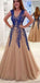 A Line V Neck Modest Elegant Hot Champagne Tulle Prom Dresses ,PD1208