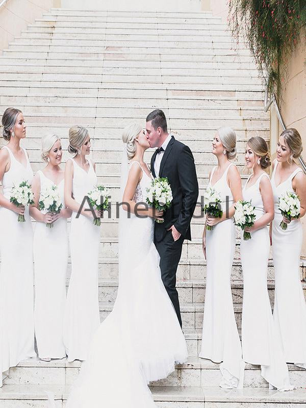 Affordable White Satin Mermaid Simple Long Bridesmaid Dresses AB4210