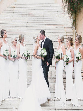 Affordable White Satin Mermaid Simple Long Bridesmaid Dresses AB4210