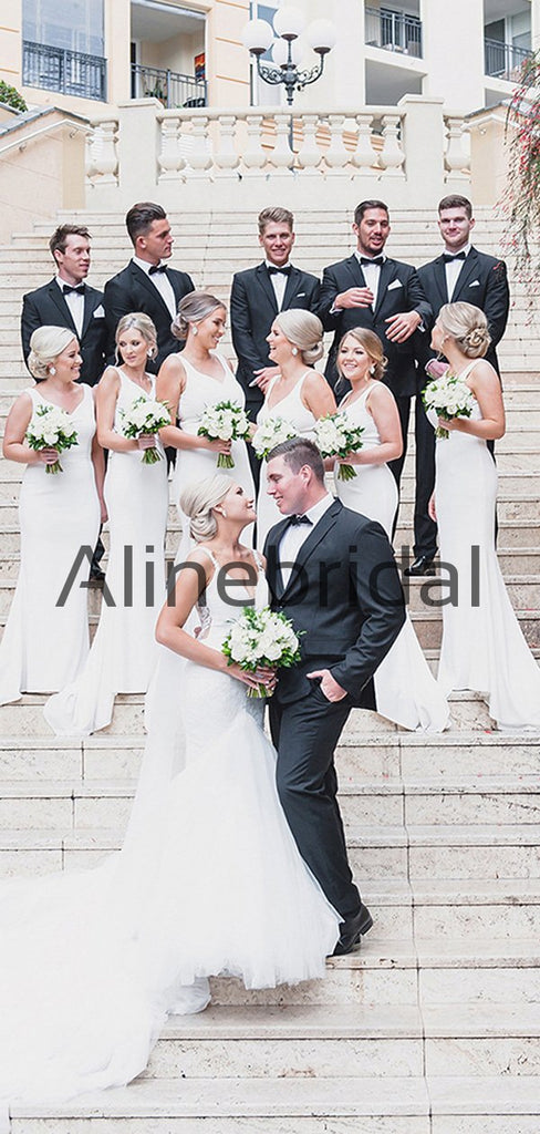 Affordable White Satin Mermaid Simple Long Bridesmaid Dresses AB4210