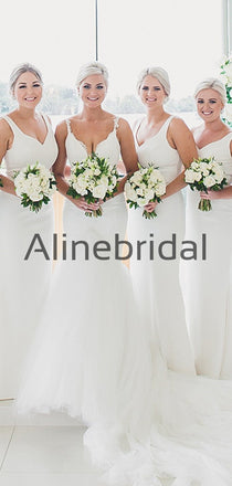 Affordable White Satin Mermaid Simple Long Bridesmaid Dresses AB4210
