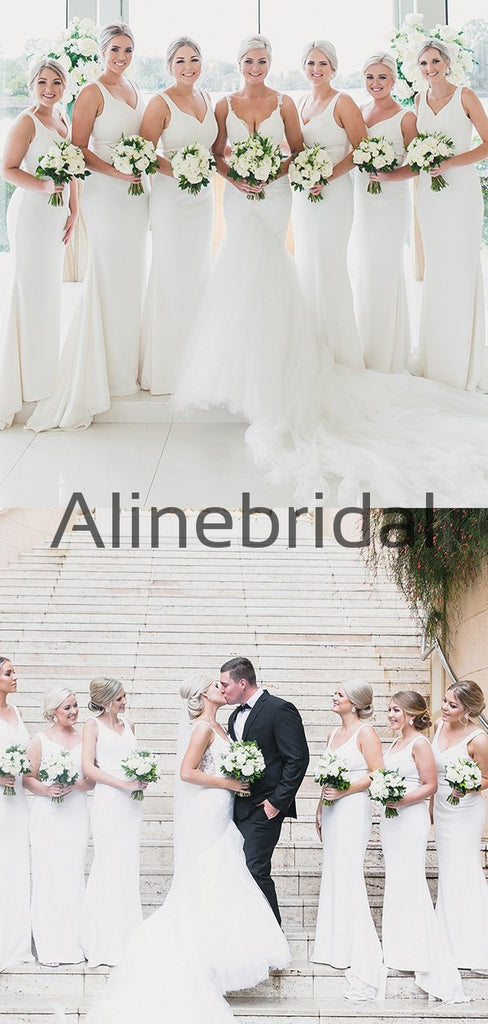 Affordable White Satin Mermaid Simple Long Bridesmaid Dresses AB4210