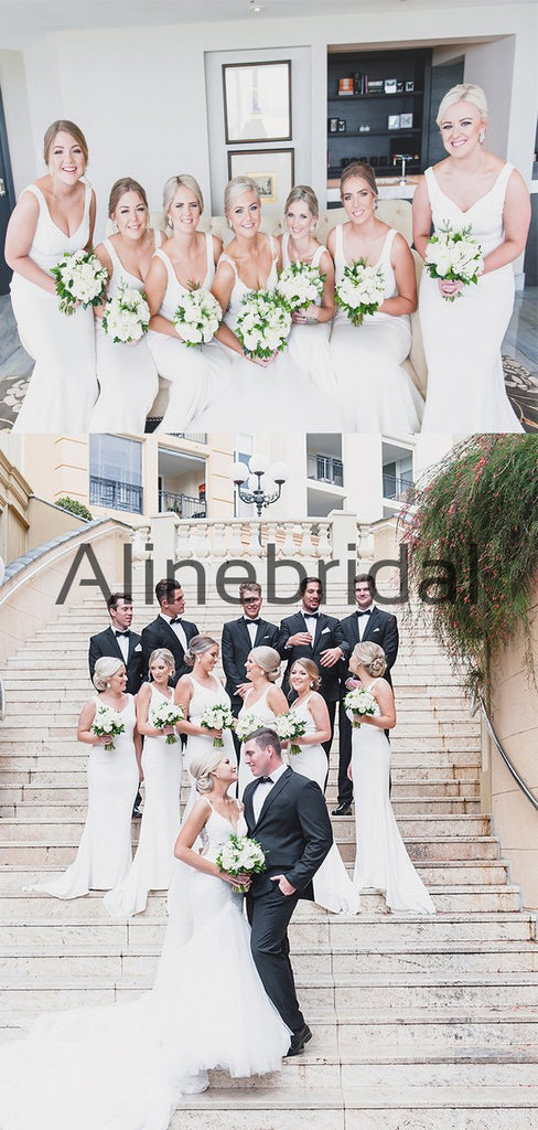 Affordable White Satin Mermaid Simple Long Bridesmaid Dresses AB4210
