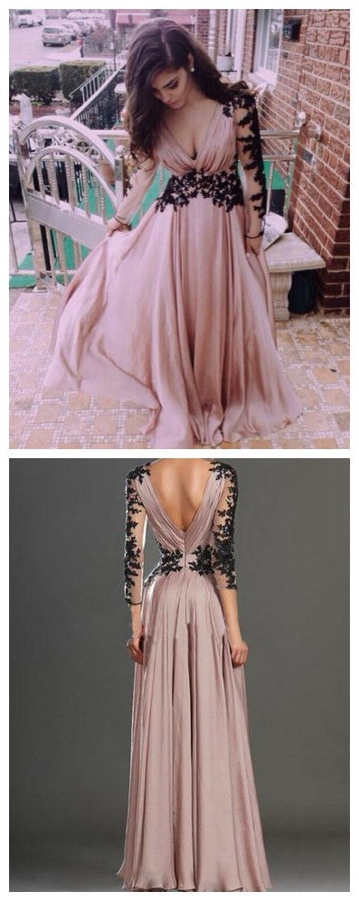 Long sleeve Dusty Pink V-neck Chiffon Open Back Lace Prom Dress ,PD0112