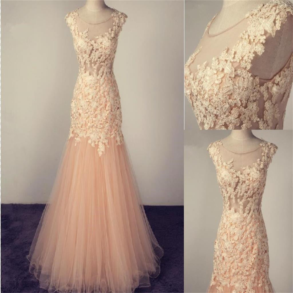 Long Pink Scoop Tulle With Lace Appliques Charming Popular Pretty Prom Dresses Online,PD0138