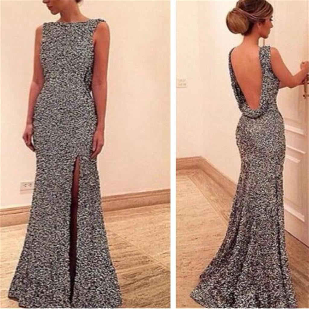 Long Backless sliver Slip Side Sexy Elegant Charming Casual Evening Prom Dress PD0142
