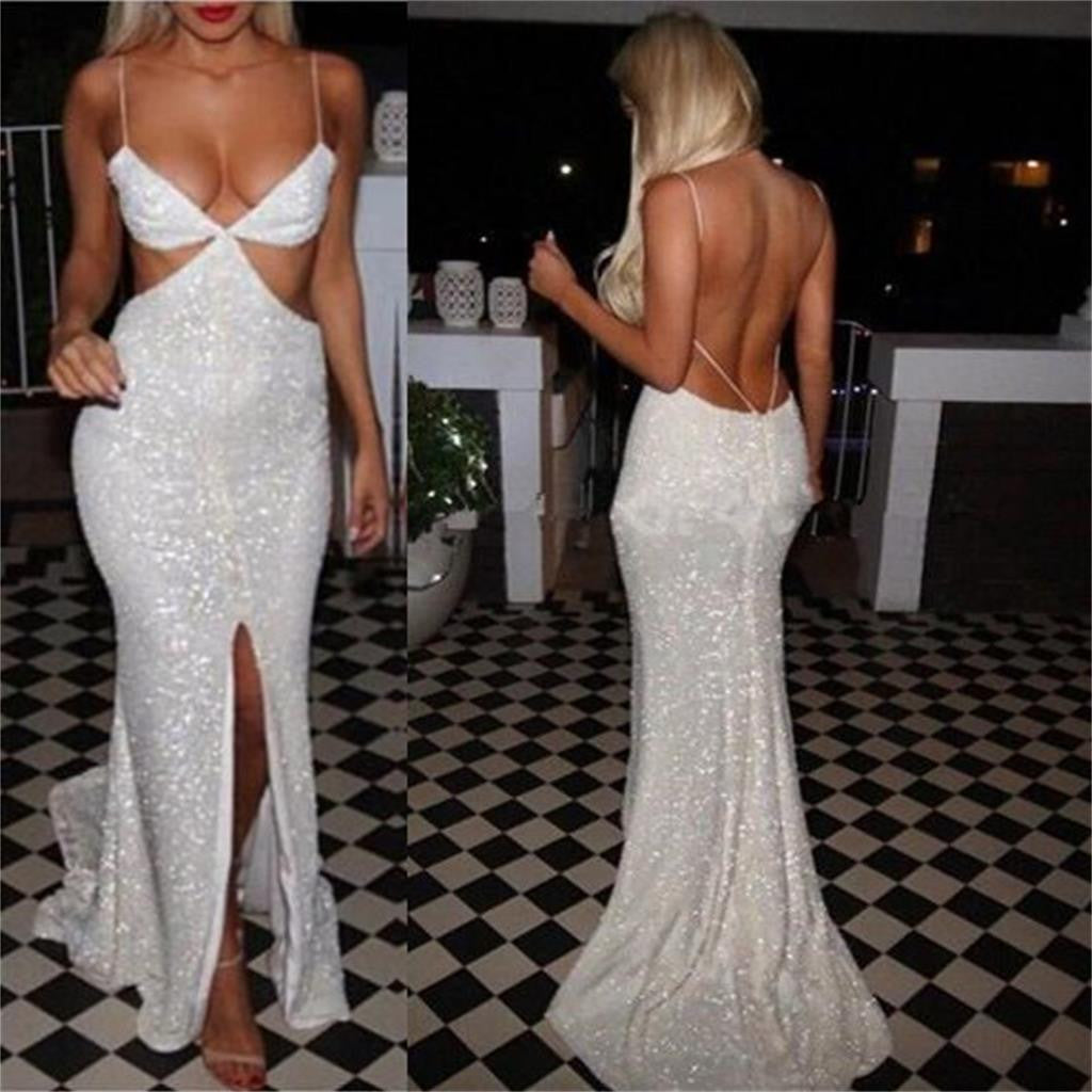 Spaghetti straps Sequined Sparkly Side Slit Cocktail Backless Sexy Prom Dress,PD0145