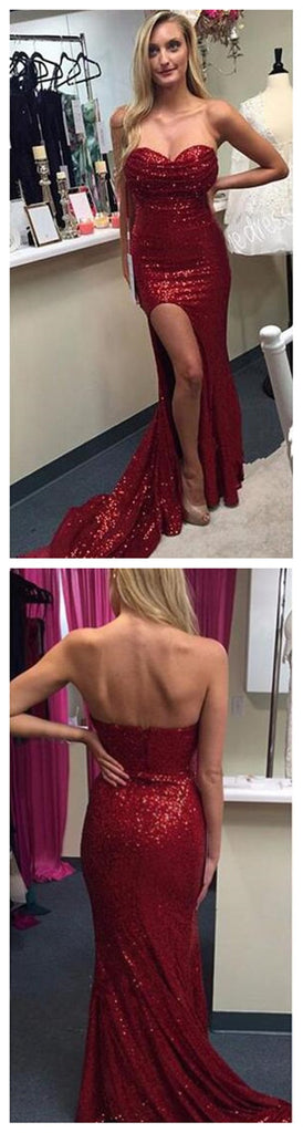 New Arrival Strapless Sweetheart Side Slit Red Sequined Sparkle Sexy Charming Prom Dresses Online,PD0146
