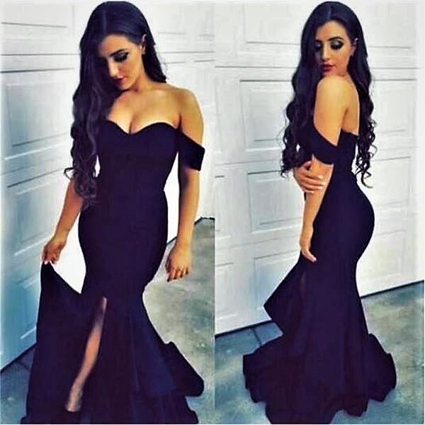 Sexy Black Off the Shoulder Ruffled Mermaid Evening Dress with Slit-Co AlineBridal Sexy Black Off the Shoulder Ruffled Mermaid Evening Dress with Slit-Co AlineBridal