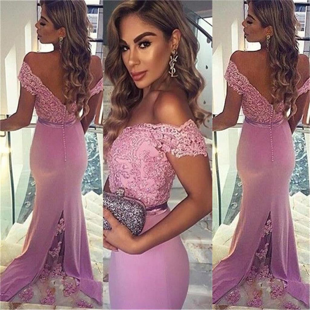 Long Custom Lace Off Shoulder V-Back Cocktail Evening Party Prom Dress Online,PD0169