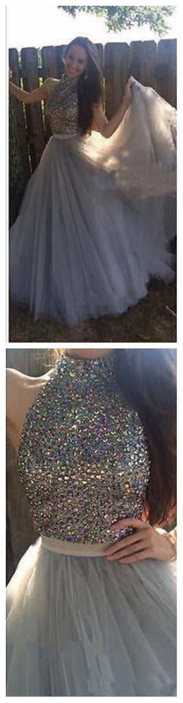 Long Custom High Neck Gray Sparkly Cocktail Evening Party Prom Dresses Online,PD0170