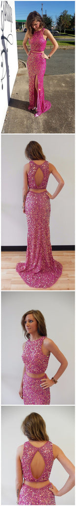 Long Custom Two Pieces Sparkle Side Slit Open Back Cocktail Evening Party Prom Dresses Online,PD0180