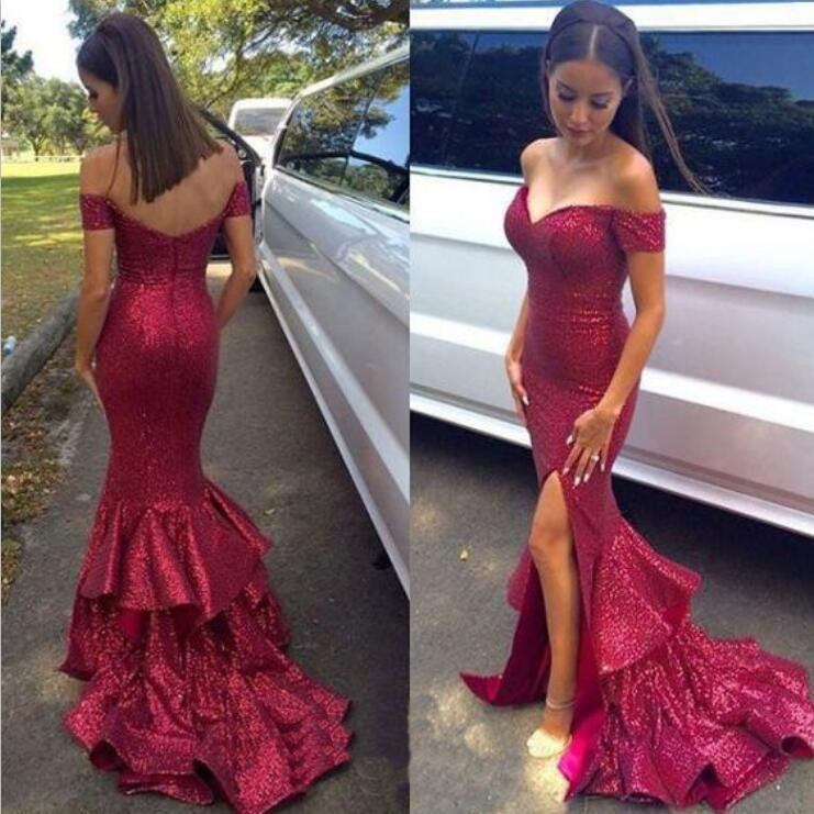 New Arrival Red Sequined Off Shoulder Mermaid Sexy Party Cocktail Evening Party Prom Dresses Online,PD0184
