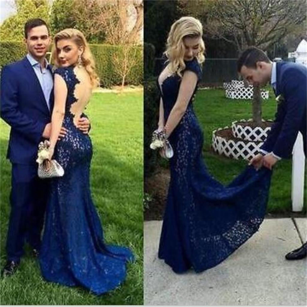 Royal Blue Backless Lace Formal Party Cocktail Sexy Prom Dresses Onlin AlineBridal