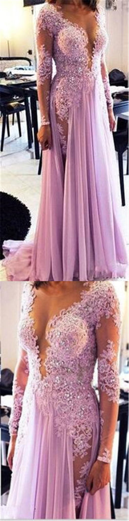 Long Sleeve Lilac Lace Sexy V-neck Evening Party Prom Dresses Online,PD0199