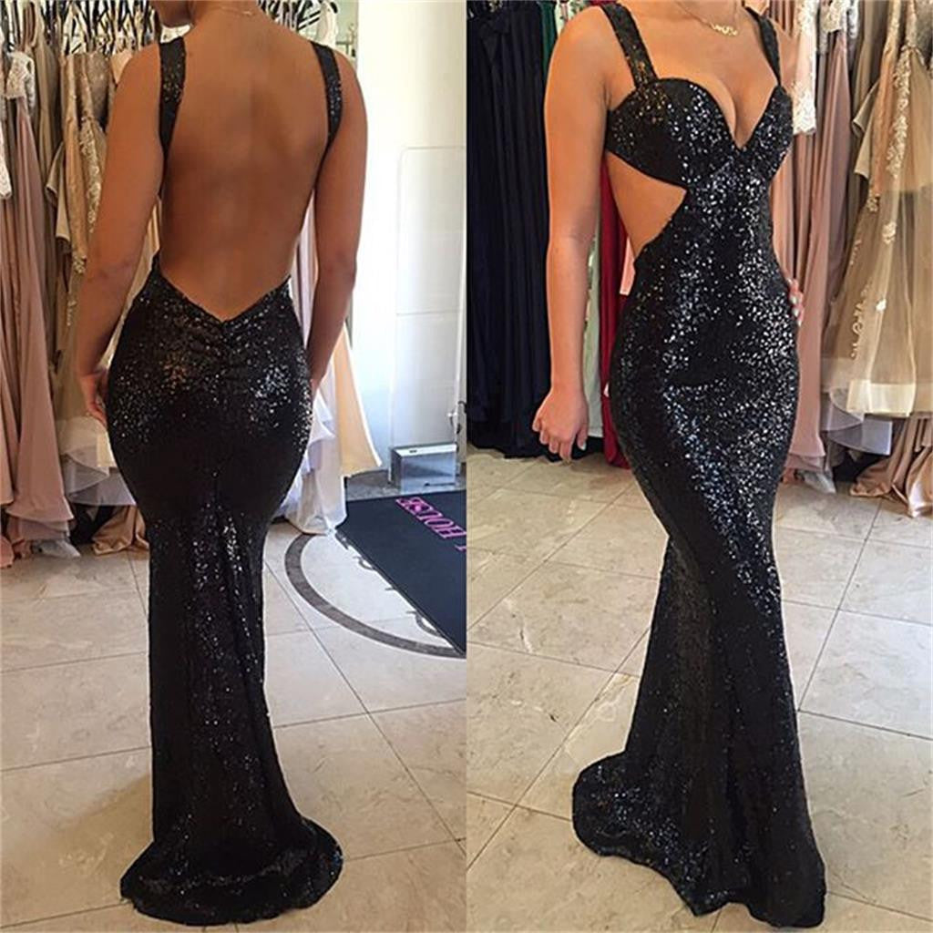 Long Black Sequined Sparkly Sexy Backless Evening Party Cocktail Prom AlineBridal Long Black Sequined Sparkly Sexy Backless Evening Party Cocktail Prom AlineBridal