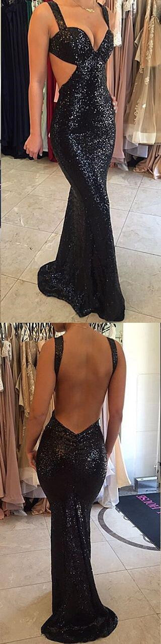 Long Black Sequined Sparkly Sexy Backless Evening Party Cocktail Prom AlineBridal Long Black Sequined Sparkly Sexy Backless Evening Party Cocktail Prom AlineBridal