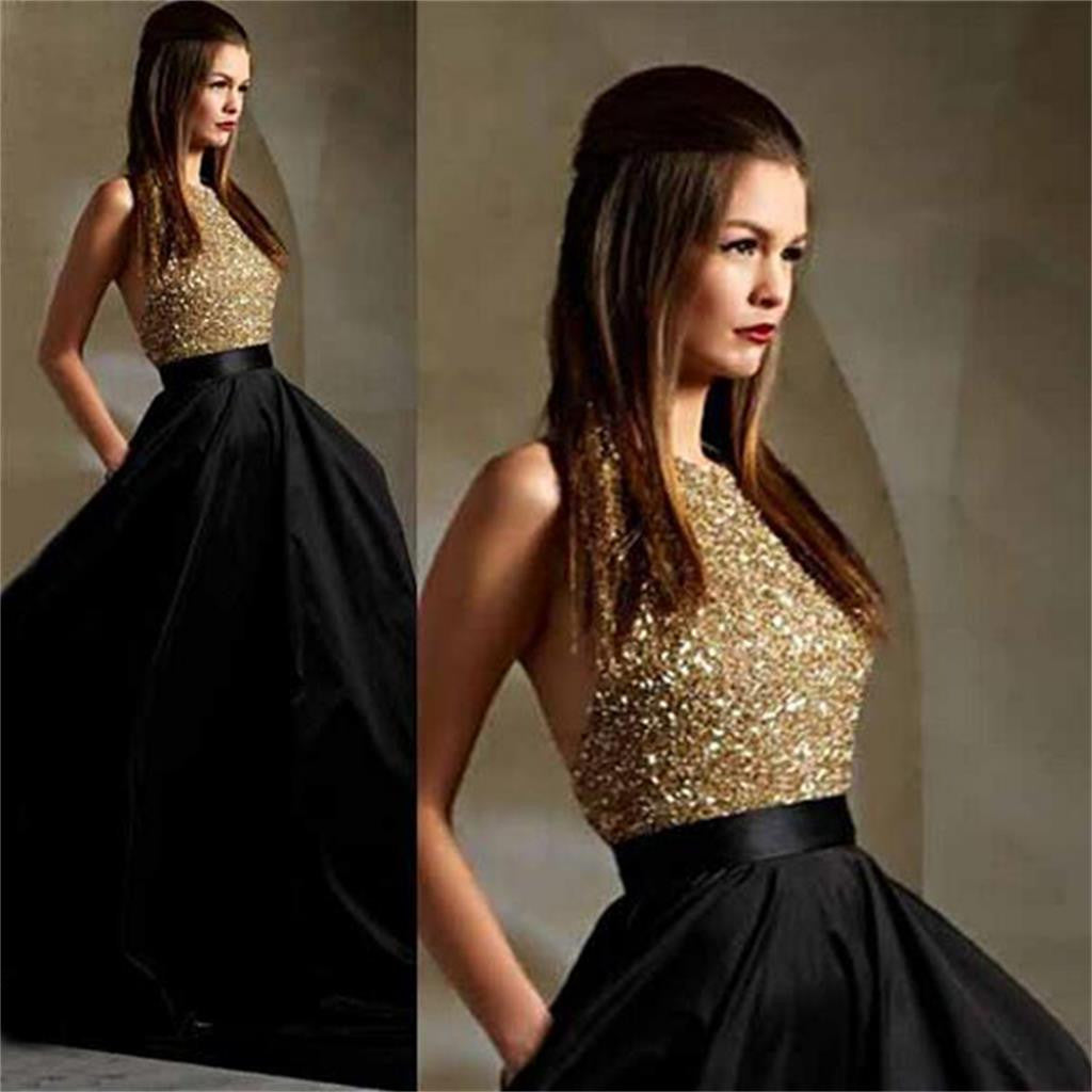 Long Gold Sequin Black A-line Ball Gown Sparkly Formal Prom Dress, PD1 AlineBridal Long Gold Sequin Black A-line Ball Gown Sparkly Formal Prom Dress, PD1 AlineBridal