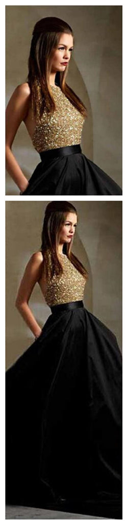 Long Gold Sequin Black A-line Ball Gown Sparkly Formal Prom Dress, PD10023