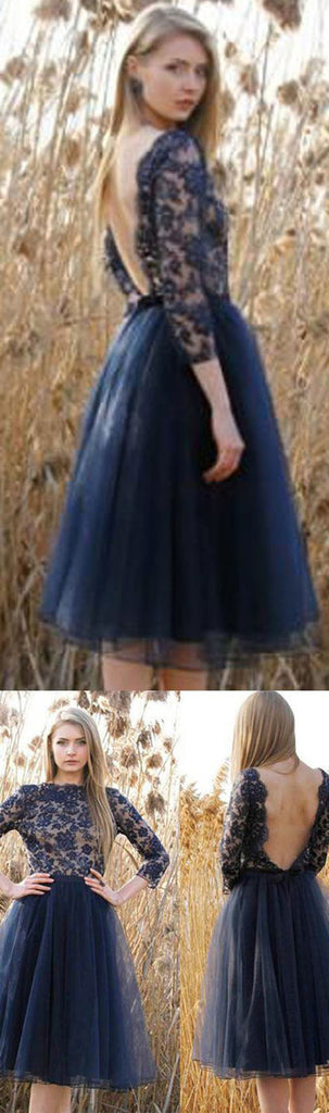 Long Sleeve Lace Navy Blue Backless Sweet 16 Cocktail Junior Homecoming Dresses,PD0003