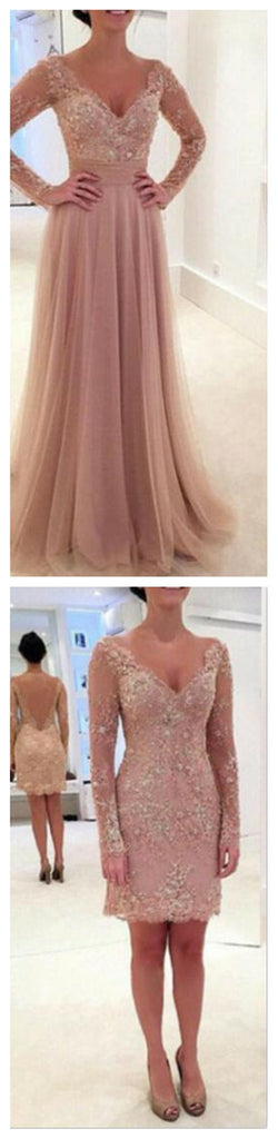 Long Sleeve Lace Tulle Pink Sexy V-neck Formal Prom Dresses,PD0034