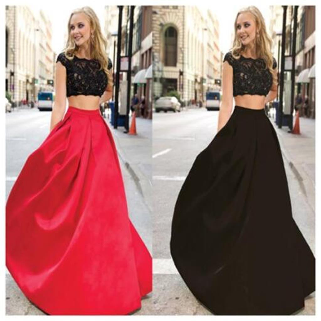 Two Pieces Lace Ball Gown Affordable Red Black Prom Dress ,PD0043