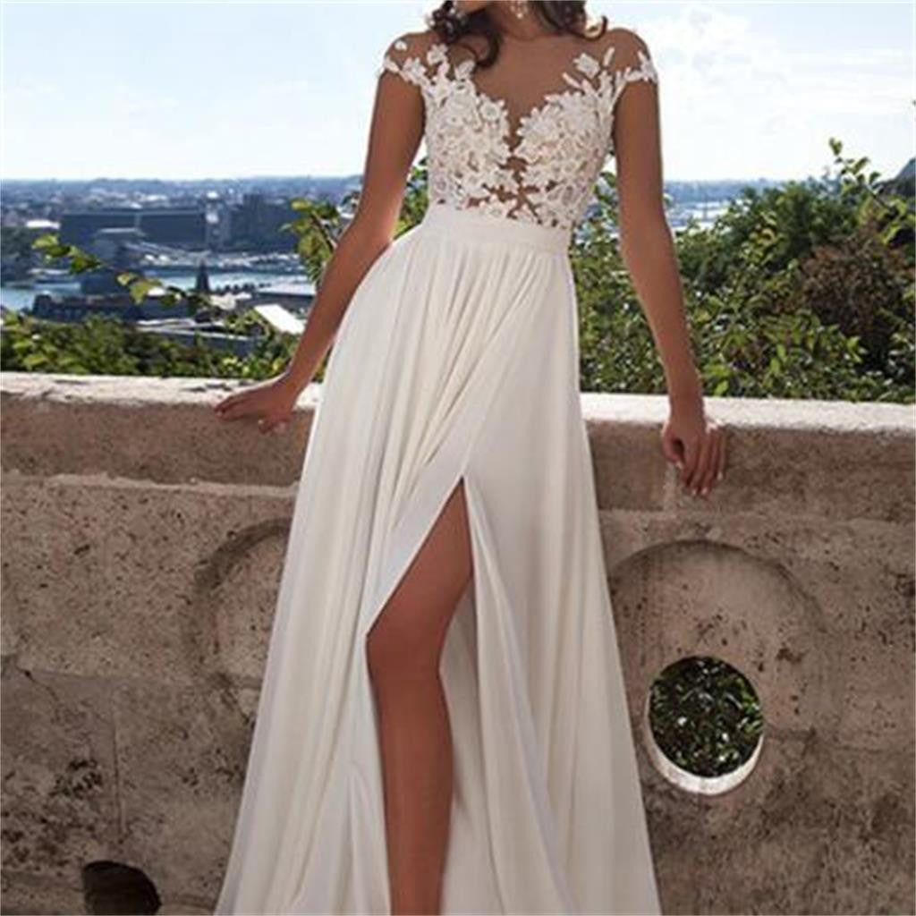 Long A-Line White Lace With Appliques Side Slit Sexy Wedding Party Dresses, WD0124