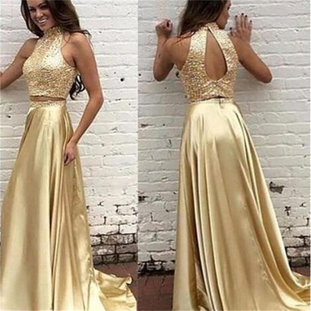 New Arrival Gold Two Pieces High Neck Pretty Sparkly Evening Party Pro AlineBridal