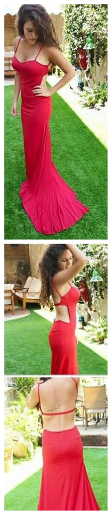 New Arrival Red Spaghetti Straps Open Back Unique Evening Party Prom Dress,PD0064