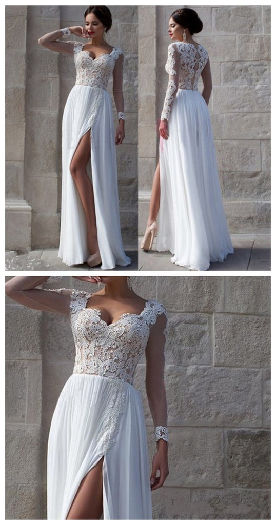 White Lace Side Slit Elegant Long Sleeves Cheap Beach Wedding Dresses,PD0072