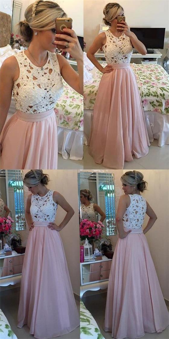 white lace pink chiffon dress Pink Chiffon and White Lace Straps A-line Prom Dress, Long Chic Evening Dress Party Dress