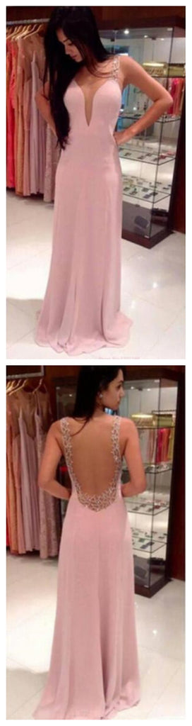 Long Pink V-neck Backless Pretty Evening party Prom Dresses,PD0076