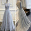 Long Custom Gray V-Back Scoop Tulle With Lace Appliques Party Prom Dresses,PD0083