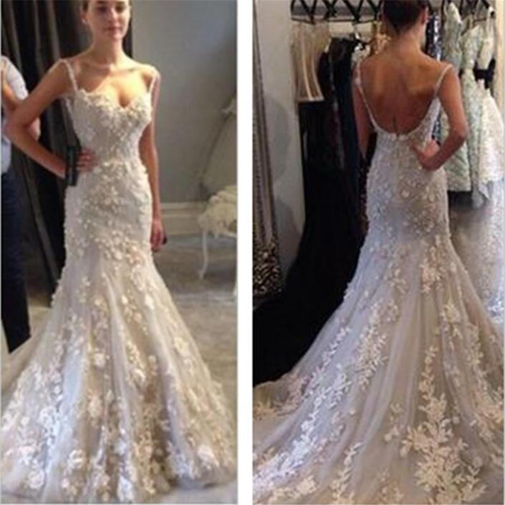 Mermaid Sexy Backless Gorgeous Appliques Spaghetti Strap Wedding Dresses, WD0129