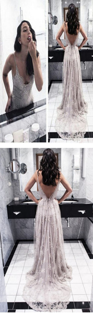 Sexy V-Back Lace Prom Dresses, Popular Backless Tulle Bridal Gown Wedding Dresses, WD0128