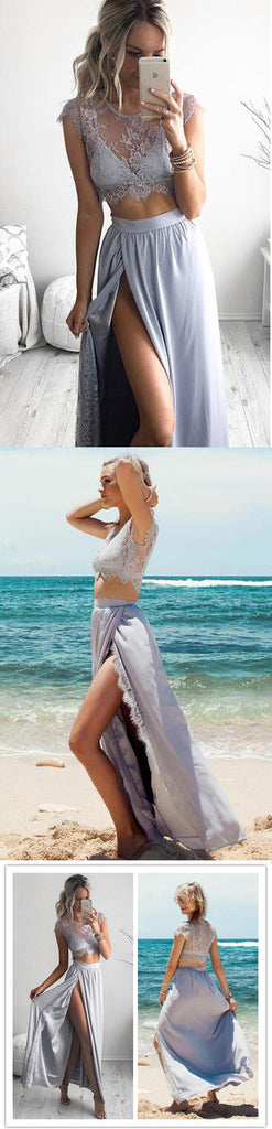Newest Two Pieces Cap Sleeve Side Slit Beach Party Prom Dress.PD0089