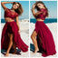 Long Burgundy Two Pieces Sexy Slit Unique Lace Charming Prom Gown Dress,PD0091