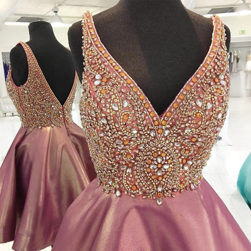 Dusty Rose Stunning Rhinestone Sparkly Beaded Top Homecoming Dresses, BD00221