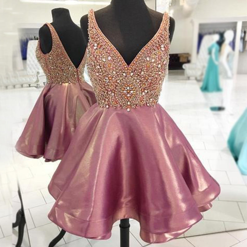 Dusty Rose Stunning Rhinestone Sparkly Beaded Top Homecoming Dresses, BD00221