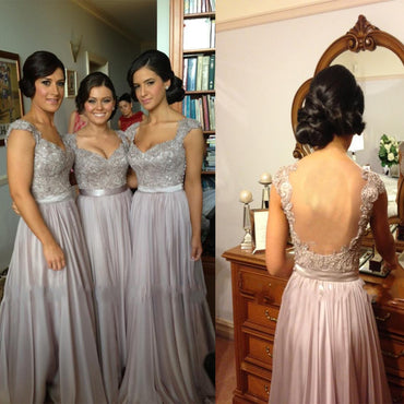 Elegant Long Sleeveless V-neck Low Open Back Lace Appliques Beads Bridesmaid Dresses, AB1156