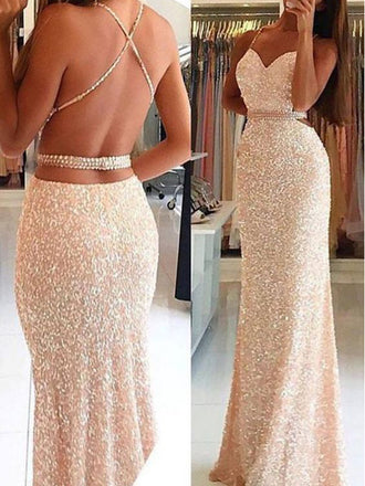 Newest Halter Sequins Backless Prom Dresses With High Split, PD0051