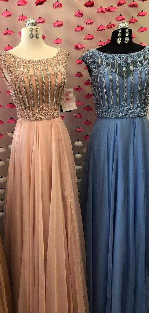 Beading Scoop Neck Cap Sleeves Chiffon A-line  Prom Dresses ,PD00131