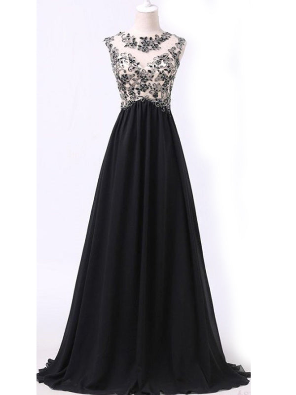 Black Appliques A-line Vintage Unique Formal Modest Long Party Prom Dr –  AlineBridal