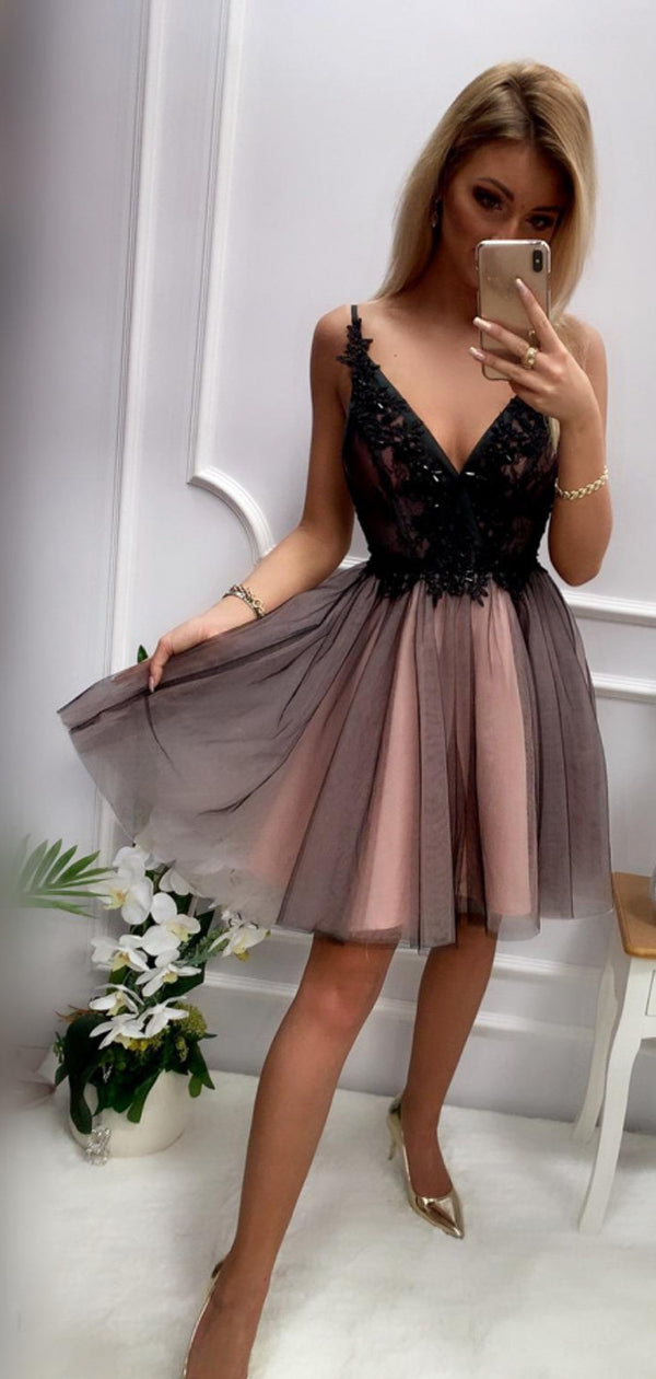 Black Beading Lace Top Brown Tulle Backless Homecoming Dresses,HD0070 AlineBridal Black Beading Lace Top Brown Tulle Backless Homecoming Dresses,HD0070 AlineBridal