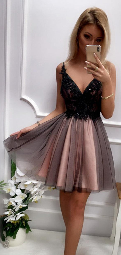 Black Beading Lace Top Brown Tulle Backless Homecoming Dresses,HD0070