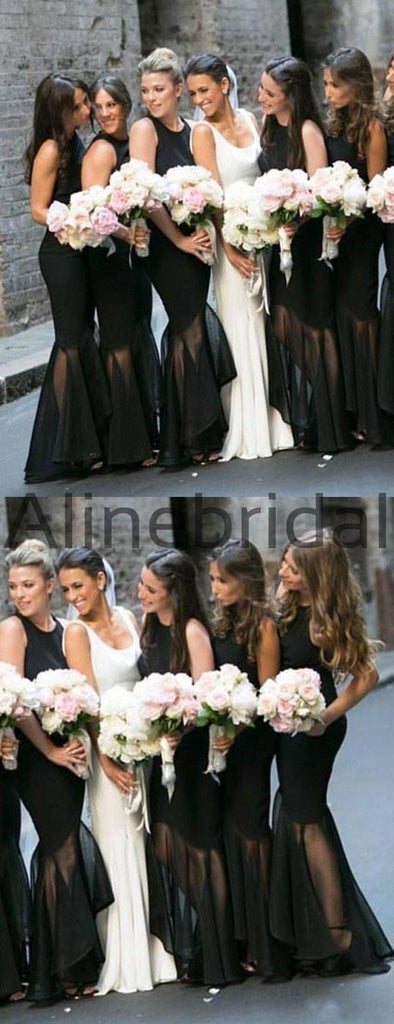 Black Jersey Organza Mermaid High Low Unique Long Bridesmaid Dresses, AB4083
