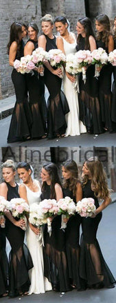 Black Jersey Organza Mermaid High Low Unique Long Bridesmaid Dresses, AB4083